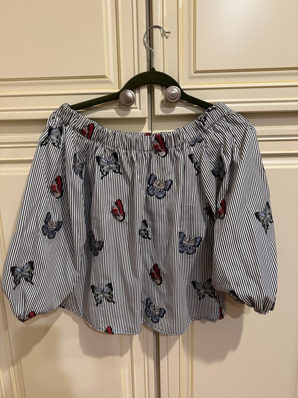 Zara Black & White Striped Off-Shoulder Top with Red & Blue Butterfly Embroidery